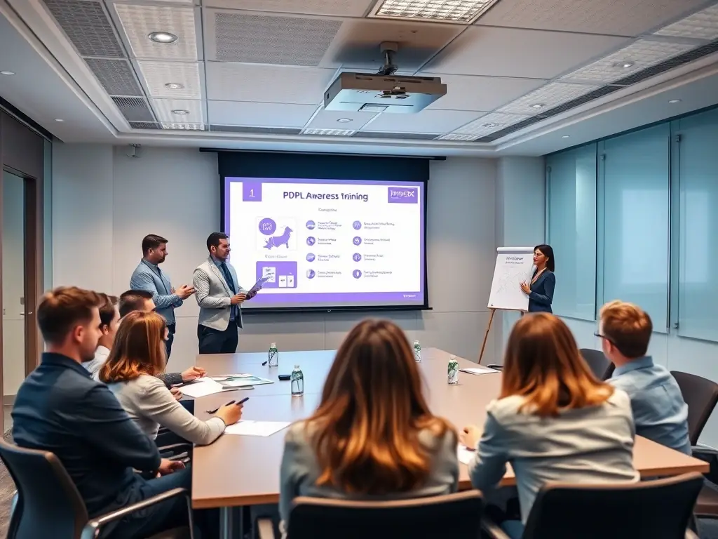 PurpleSEQ consultants are conducting a PDPL awareness training session for employees in a corporate setting, using interactive methods and real-world examples. The image should convey engagement and knowledge transfer.