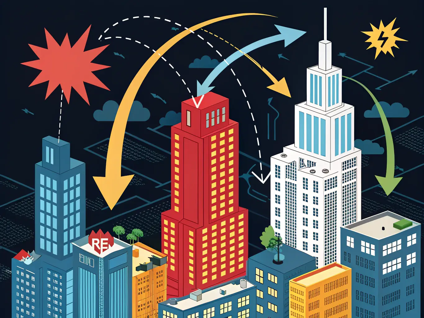 A graphic representation of a network with nodes and connections, highlighting risk mitigation strategies, with a magnifying glass focusing on potential vulnerabilities, set against a background of a digital cityscape.