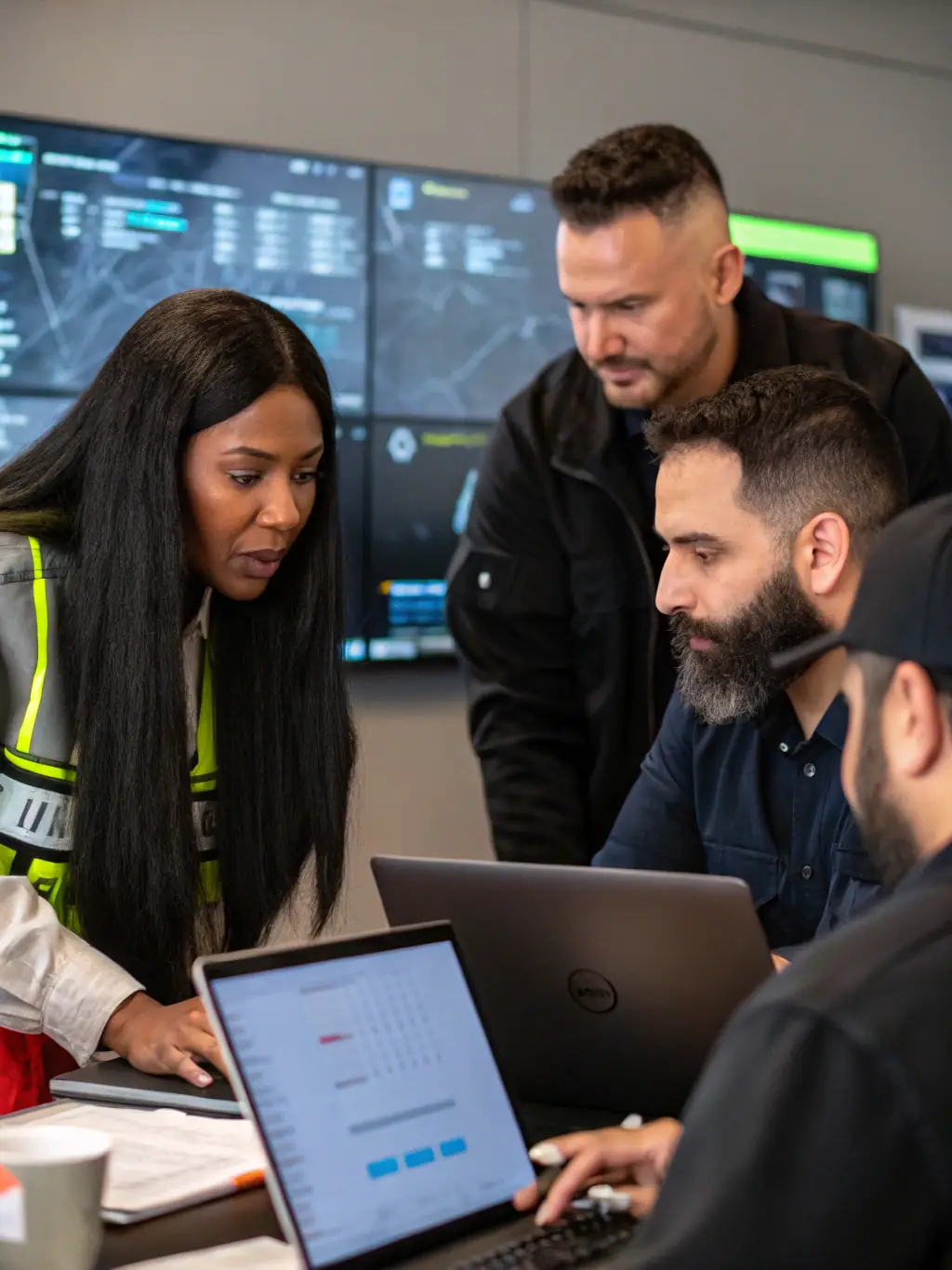 A team of cybersecurity experts collaborating on an incident response plan in a modern office setting.