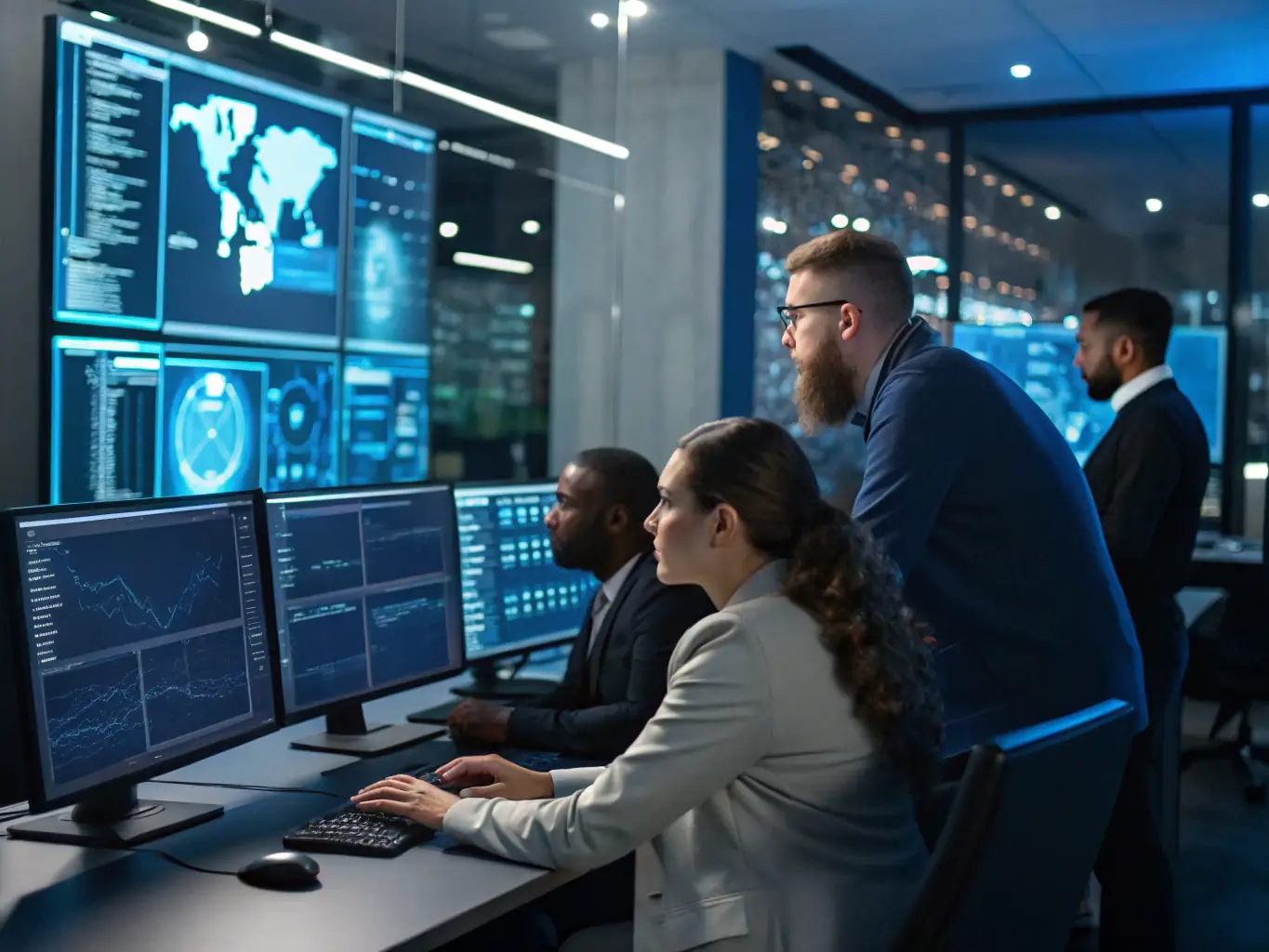 A diverse team of PurpleSEQ cybersecurity experts is collaborating on data mapping and classification in a secure, high-tech environment. The image should emphasize teamwork and expertise.