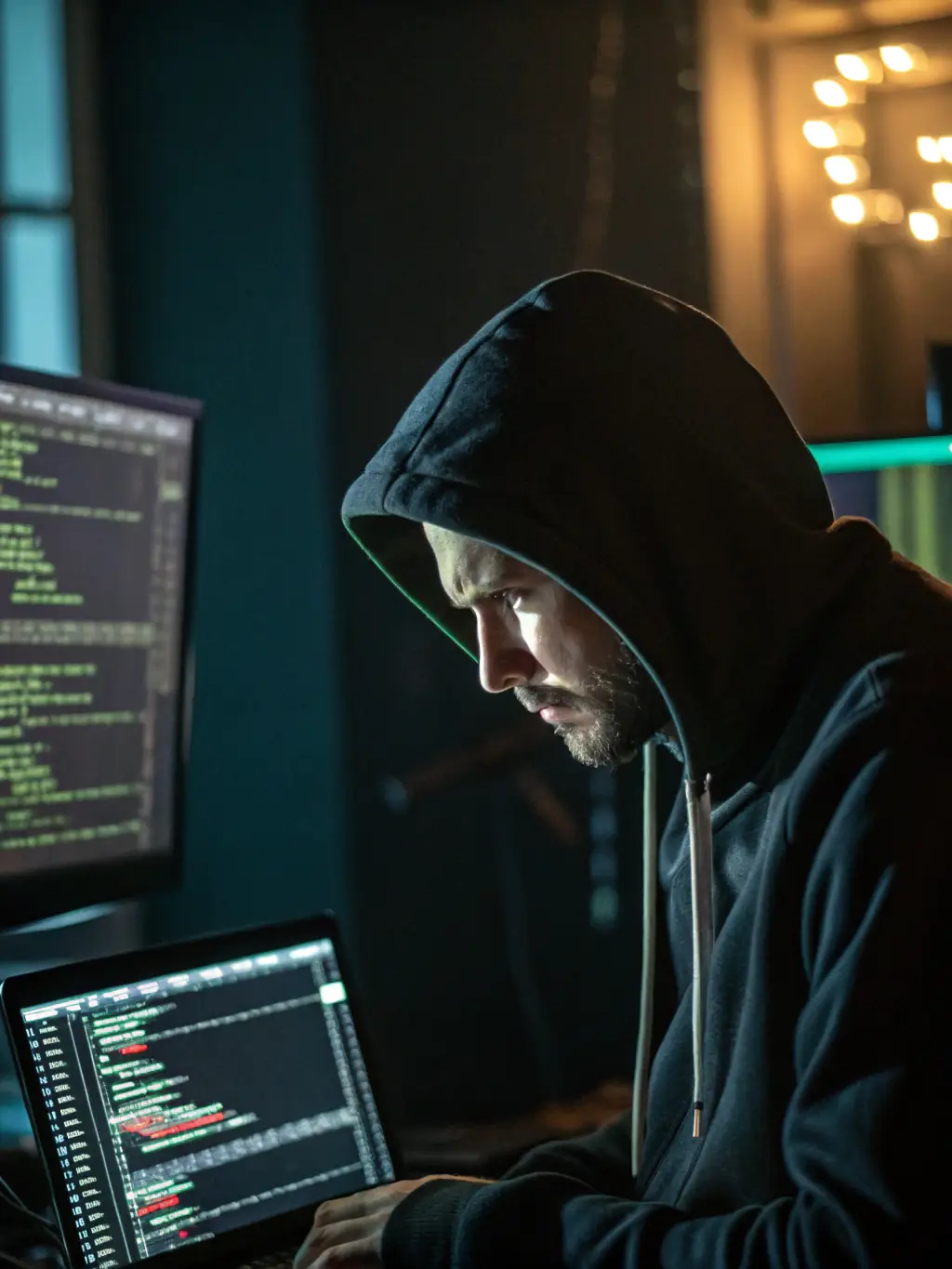 A focused image of a hacker's hands typing rapidly on a keyboard, lines of code visible on the screen, symbolizing penetration testing. The setting is a dimly lit room, emphasizing the stealth and focus required for ethical hacking.