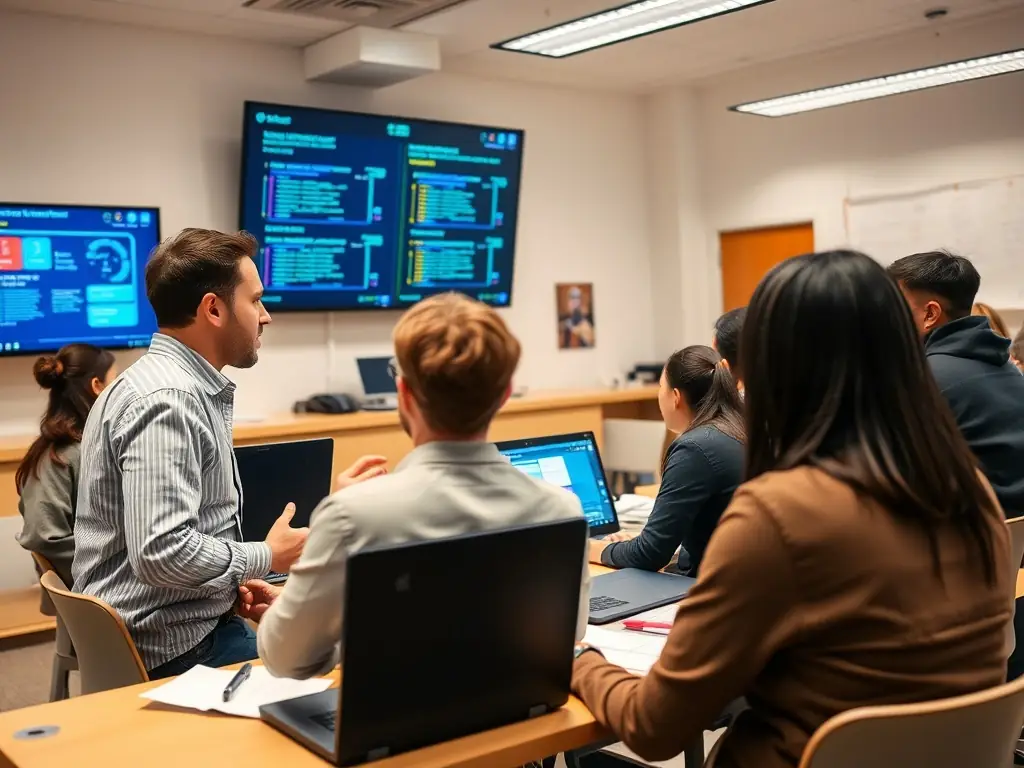 A focused cybersecurity training session in a modern classroom setting, featuring participants actively engaged in a hands-on exercise, simulating a real-world cyber threat scenario.