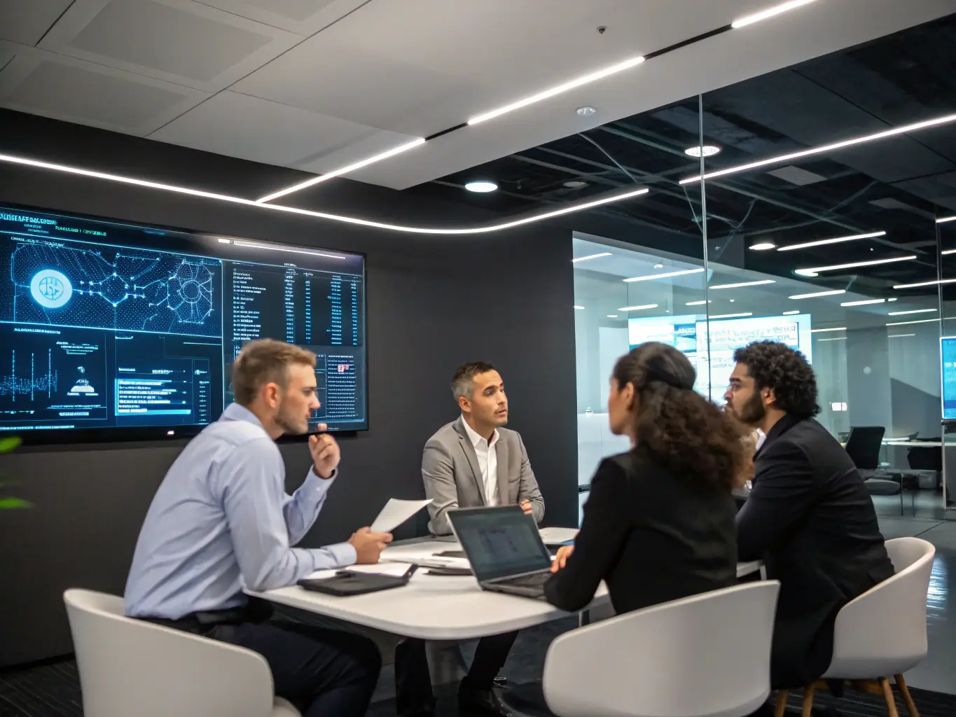 A professional photograph of an executive briefing session, where cybersecurity consultants are presenting strategic cyber risk management insights to senior leadership.