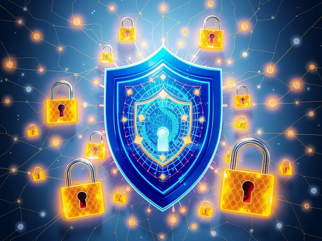 A digital illustration depicting a shield with a lock icon inside, symbolizing data confidentiality, surrounded by binary code and network connections, set against a dark blue background to convey security.