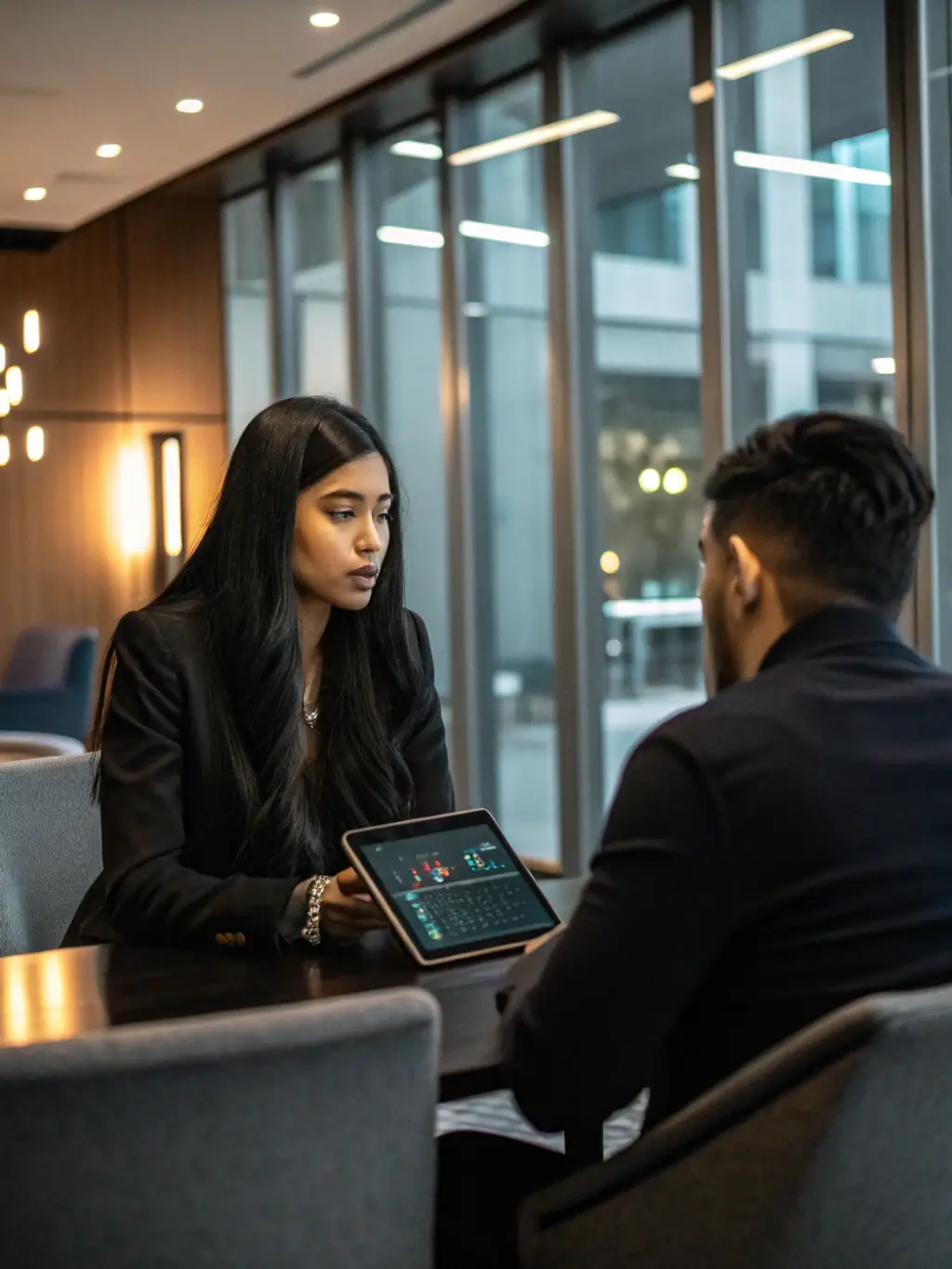 A cybersecurity expert presenting a security report to a client in a boardroom setting.