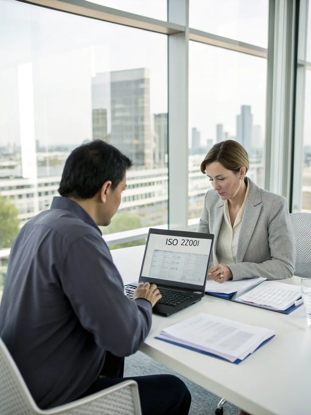 A consultant reviewing a cybersecurity compliance checklist with a client in a modern office setting, emphasizing attention to detail and regulatory adherence.