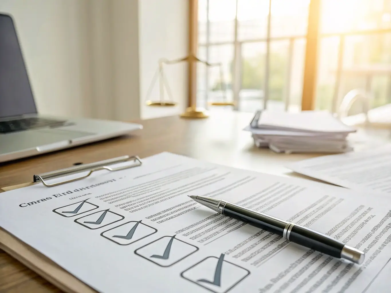 An image showing a checklist on a tablet with a pen, highlighting compliance with regulations, with a background featuring legal documents and a gavel, symbolizing legal and regulatory adherence.